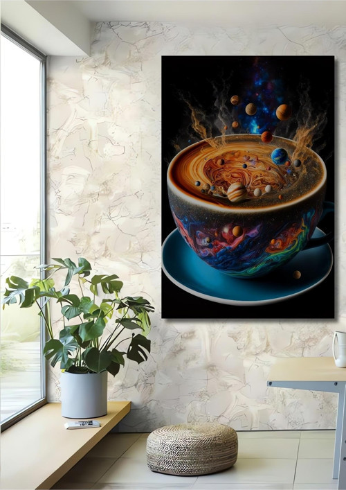Gezegenlerle Galaktik Kahve Fantastik Modern Sanat Ahşap Mdf Dekoratif Dikdörtgen Tablo