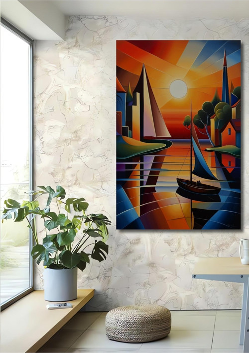 Soyut Güneş Batımı Manzarası Yelkenli Modern Sanat Ahşap Mdf Dekoratif Dikdörtgen Tablo