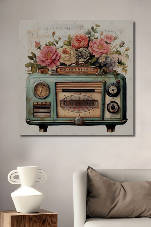 Retro Radyo Çiçek Bahçesi Dekoratif Ahşap Mdf Dikdörtgen Ev,İşyeri Duvar Tablo