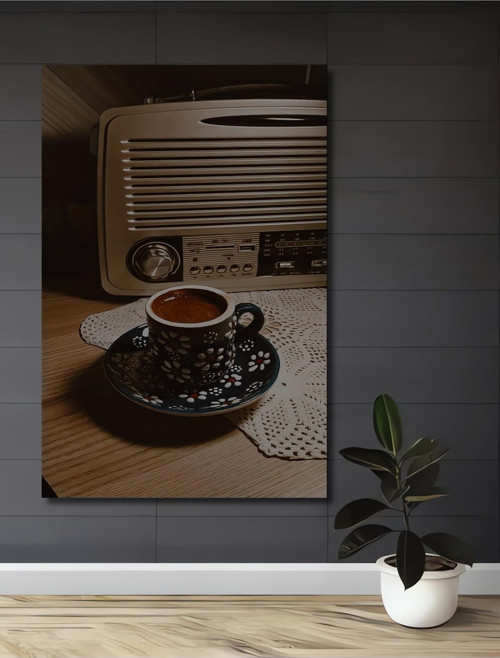 Nostaljik Radyo Ve Kahve Ahşap Mdf Dekoratif Dikdörtgen Ev,İşyeri Duvar Tablo
