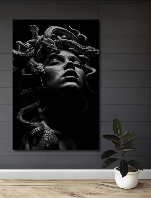Medusa Yılanları Siyah Beyaz Dekoratif Ahşap Mdf Dikdörtgen Ev,İşyeri Duvar Tablo