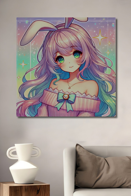 Anime Tarzı Tavşan Kız Pastel Renkli Dekoratif Ahşap Dikdörtgen Ev,İşyeri Duvar Tablo