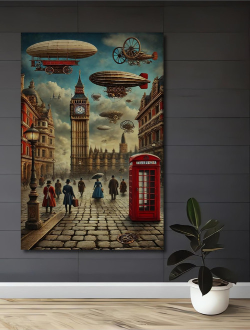 Big Ben Ve Zeplinlerle Londra Sokakları Retro Dekoratif Ahşap Dikdörtgen Ev,İşyeri Duvar Tablo