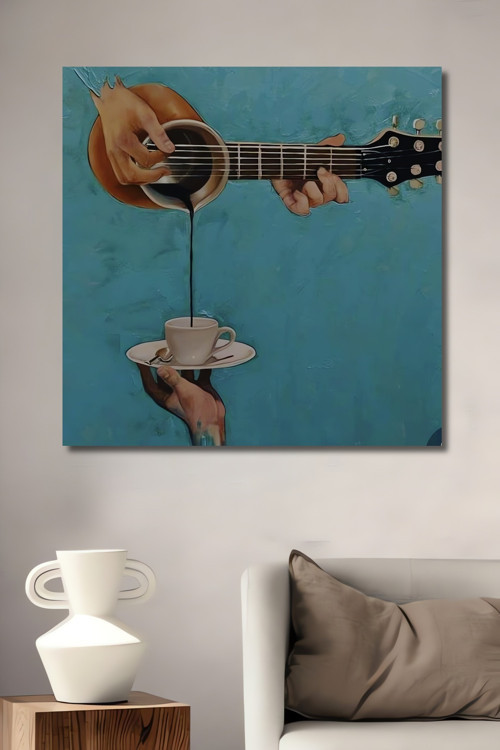 Gitar Ve Kahve Uyumu Dekoratif Ahşap Mdf Dikdörtgen Ev,İşyeri Duvar Tablo