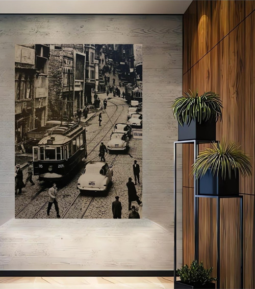 İstanbul Nostaljik Tramvay Siyah Beyaz Ahşap Dekoratif Dikdörtgen Ev,İşyeri Duvar Tablo