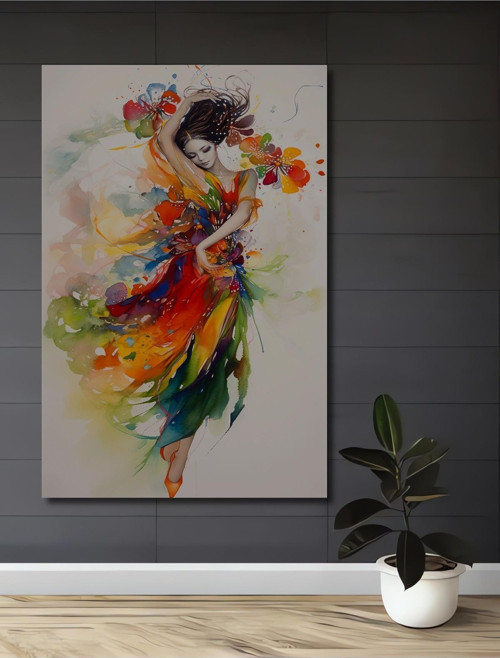 Renkli Dansçı Modern Sanat Sulu Boya Görünümlü Ahşap Dekoratif Dikdörtgen Ev,İşyeri Duvar Tablo