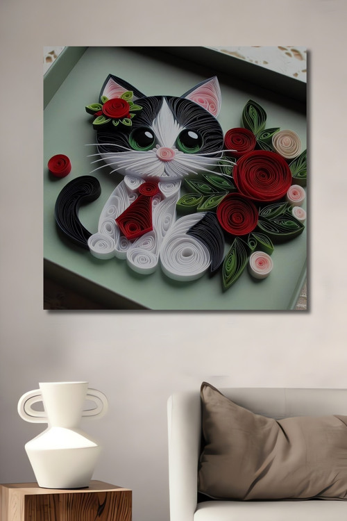 Sevimli Kedi Ve Çiçek Desenli Ahşap Mdf Dekoratif Dikdörtgen Ev,İşyeri Duvar Tablo