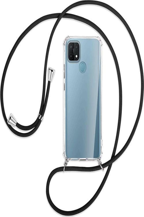 Oppo A15 Kılıf Boyun - Omuz Askılı Köşe Korumalı Siyah Ipli Şeffaf Silikon