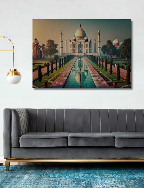 Taj Mahal Yağlı Boya Görünümlü Dekoratif Ahşap Mdf Dikdörtgen Ev,İşyeri Duvar Tablo