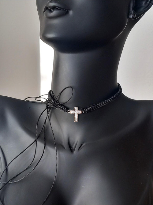 18 Ayar Altın Kaplama Işıltılı Örme Siyah Haç Ip Tasarım Kadın Choker Gümüş Kolye Doğum Günü Hediye
