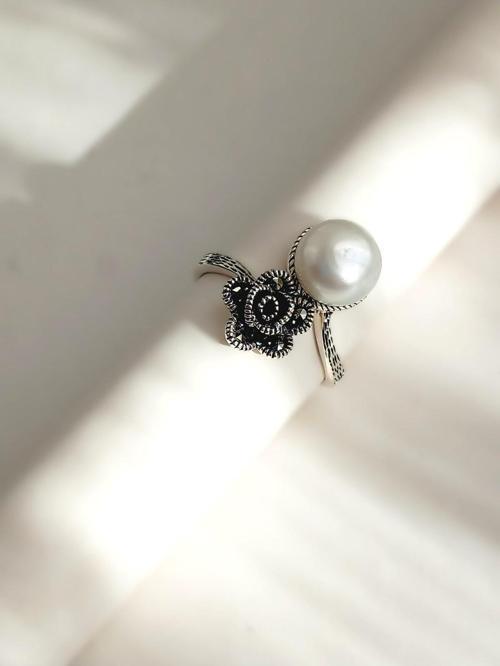 Inci Siyah Gül Tasarım Markazit Taşlı Kadın Gümüş Yüzük Doğum Günü Hediye 16 Numara