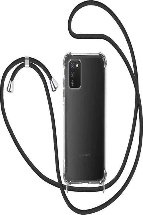 Samsung Galaxy A03s Kılıf Boyun - Omuz Askılı Köşe Korumalı Siyah Ipli Şeffaf Silikon
