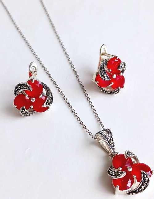 Gümüş Kırmızı Akik Markazit Taşlı Van Cleef Tasarım Kadın Set Kolye Küpe Öğretmenler Günü Hediye