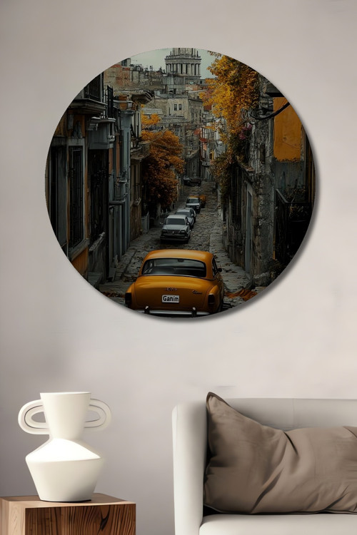 Nostaljik Sokaklar Galata Kulesi Ahşap Mdf Dekoratif Yuvarlak Ev,İşyeri Duvar Tablo