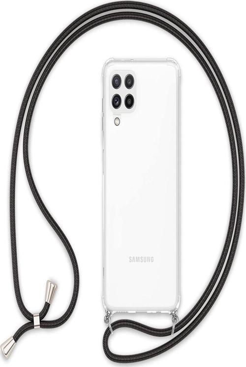 Samsung Galaxy A22 Kılıf Boyun - Omuz Askılı Köşe Korumalı Siyah Ipli Şeffaf Silikon