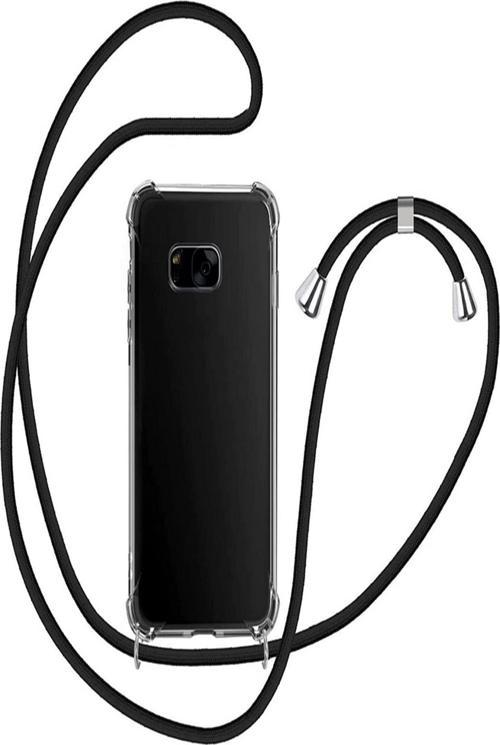 Samsung Galaxy S7 Edge Kılıf Boyun - Omuz Askılı Köşe Korumalı Siyah Ipli Şeffaf Silikon