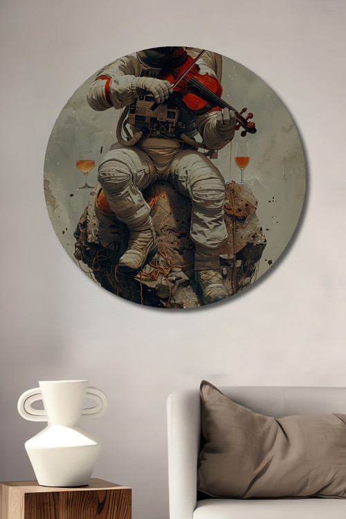Uzayda Keman Çalan Astronot Yağlı Boya Görünümlü Dekoratif Ahşap Yuvarlak Ev,İşyeri Duvar Tablo