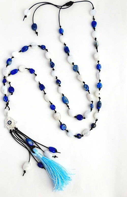 18 Ayar Altın Kaplama Lapis Ay Taşı Doğal Taşlı Mala 54'Lü Tasarım Uzun Kadın Çakra Gümüş Kolye