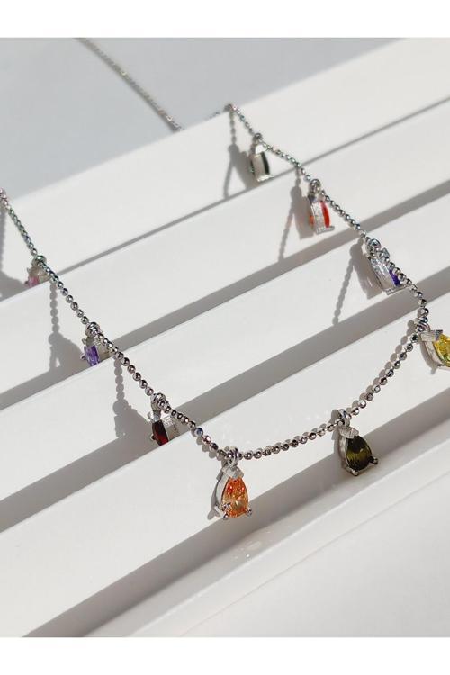 18 Ayar Altın Kaplama Damla Gökkuşağı Tasarım Şans Pırıltılı Kadın Gümüş Kolye Anneler Günü Hediye