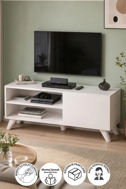 TV Sehpası Kapaklı Tv Sehpası Raflı TV Ünitesi Televizyon Sehpası 100 x 35 Cm Malta Beyaz