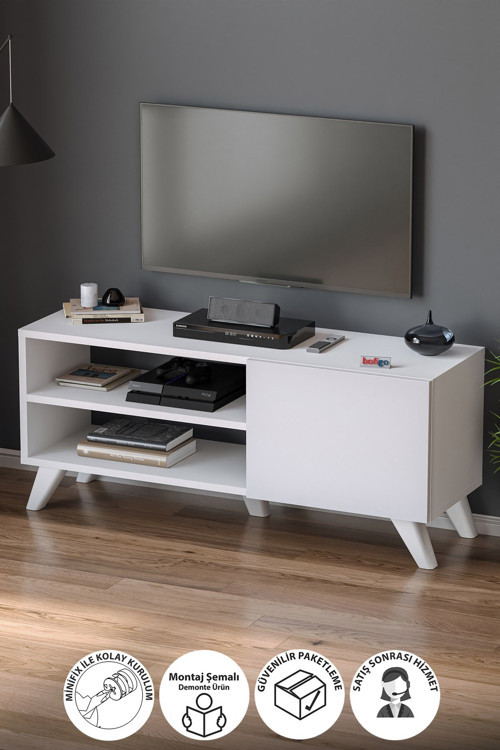 TV Sehpası Kapaklı Tv Sehpası Raflı TV Ünitesi Televizyon Sehpası 100 x 35 Cm Malta Beyaz