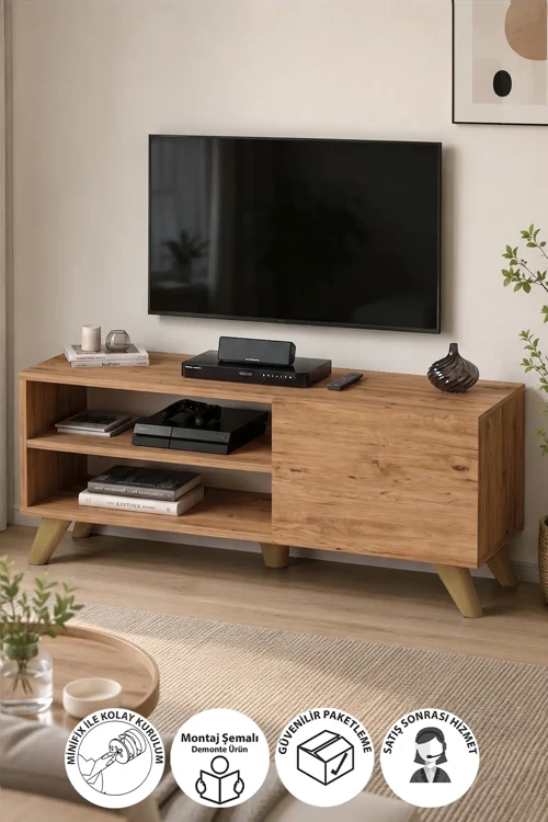 TV Sehpası Kapaklı Tv Sehpası Raflı TV Ünitesi Televizyon Sehpası 100 x 35 Cm Malta Çam