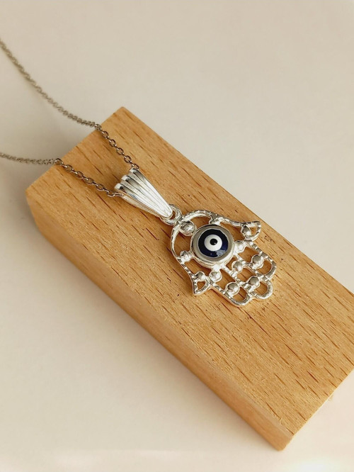 Gümüş Nazar Boncuklu Hamsa Tasarım Kadın Kolye