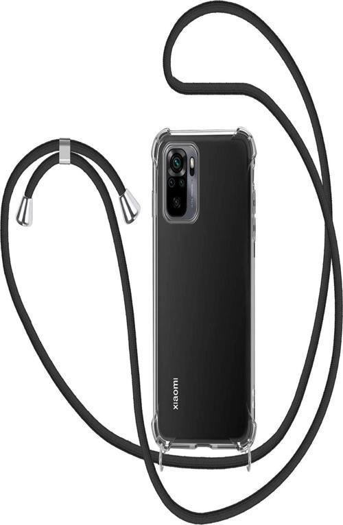 Xiaomi Redmi Note 10s Kılıf Boyun - Omuz Askılı Köşe Korumalı Siyah Ipli Şeffaf Silikon.