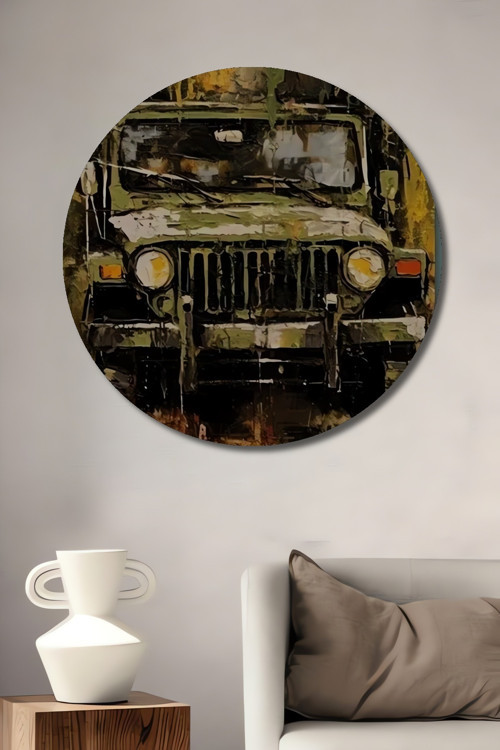 Offroad Arazi Aracı Yağlı Boya Görünümlü Dekoratif Ahşap Yuvarlak Ev,İşyeri Duvar Tablo