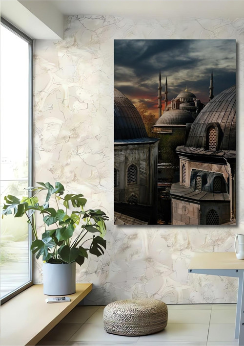 Şehir Manzaralı Cami Görünümlü Dekoratif Ahşap Mdf Dikdörtgen Ev,İşyeri Duvar Tablo