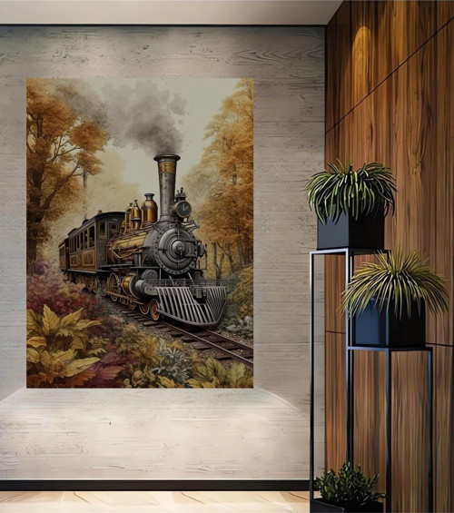 Buharlı Tren Nostaljisi Dekoratif Ahşap Mdf Dikdörtgen Ev,İşyeri Duvar Tablo