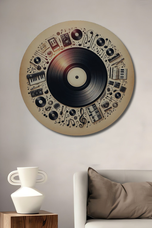 Plak Müzik Temalı Dekoratif Ahşap Mdf Yuvarlak Ev,İşyeri Duvar Tablo