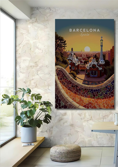 Barcelona Park Güell İllüstrasyon Dekoratif Ahşap Dikdörtgen Ev,İşyeri Duvar Tablo