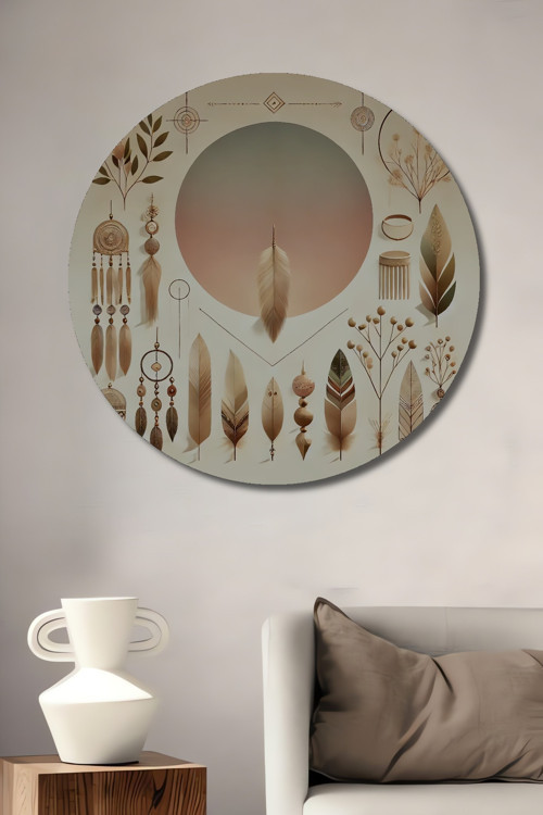Bohem Tüy Desenli Ahşap Mdf Dekoratif Yuvarlak Ev,İşyeri Duvar Tablo
