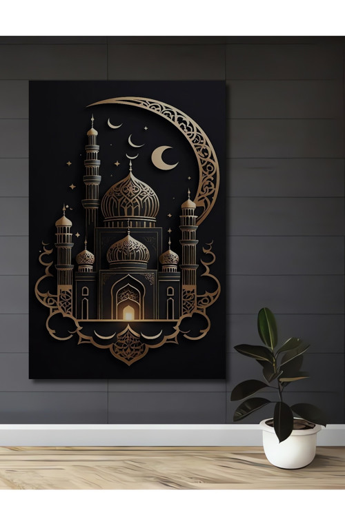 İslam Mimarisi Gece Manzarası Ahşap Mdf Dekoratif Dikdörtgen Ev,İşyeri Duvar Tablo