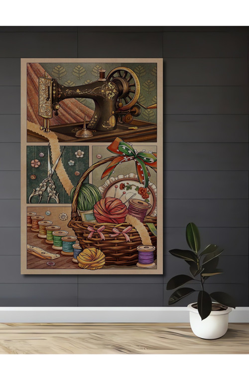 Vintage Dikiş Temalı Ahşap Mdf Dekoratif Dikdörtgen Ev,İşyeri Duvar Tablo