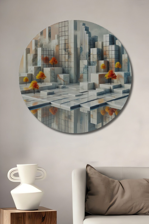 Modern Şehir Silüeti Ahşap Mdf Dekoratif Yuvarlak Ev,İşyeri Duvar Tablo