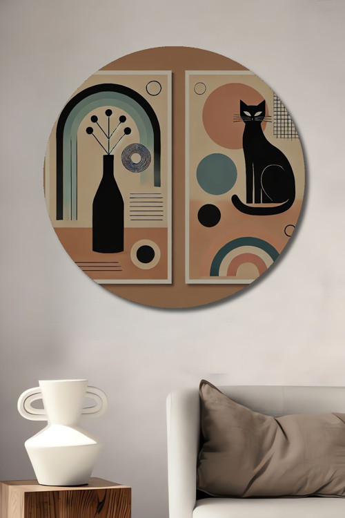 Retro Kedi İllüstrasyonu Dekoratif Ahşap Mdf Yuvarlak Ev,İşyeri Duvar Tablo