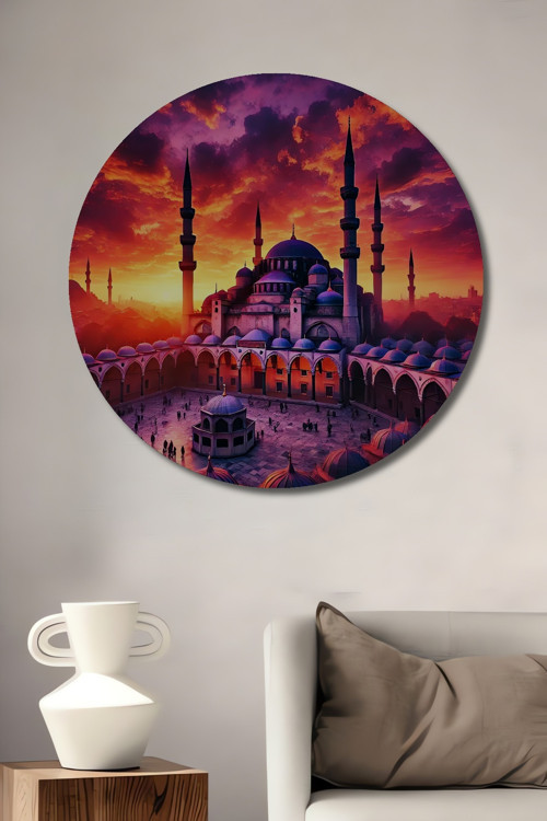 İstanbul Camii Günbatımı Yağlı Boya Görünümlü Dekoratif Ahşap Yuvarlak Ev,İşyeri Duvar Tablo