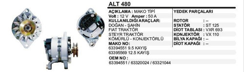 ALTERNATÖR 12V 75A FIAT DKŞ TRAKTÖR (394551)DOĞAN-ŞAHİN-STEYR TRAKTÖR-KÖMÜRLÜ-KONJEKTÖRLÜ MAKO TİP