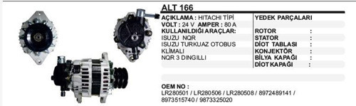 ALTERNATÖR 24V 80A ISUZU TURKUAZ OTOBÜS ISUZU NPR KAMYON HITACHI TİP