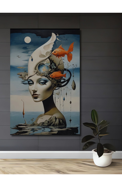 Deniz Tanrıçası Altın Balıklar Modern Sanat Ahşap Mdf Dekoratif Tablo