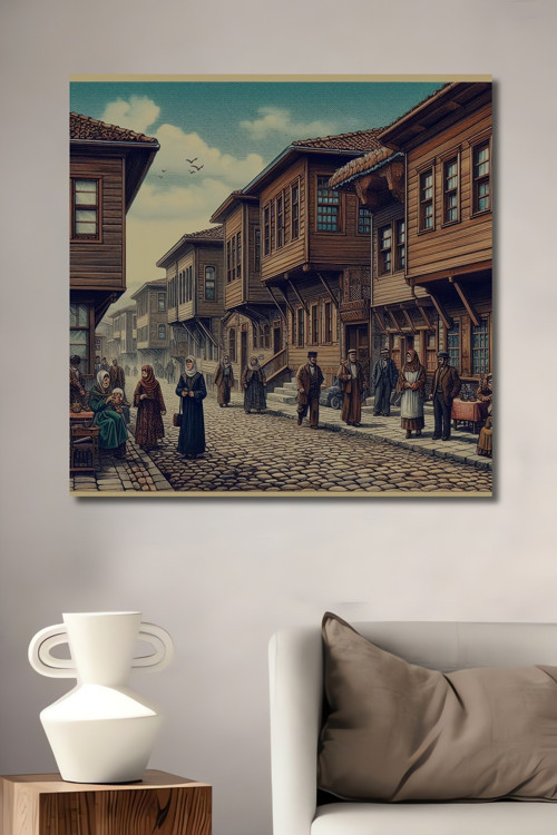 Osmanlı Sokak Yağlı Boya Görünümlü Dekoratif Ahşap Dikdörtgen Ev,İşyeri Duvar Tablo