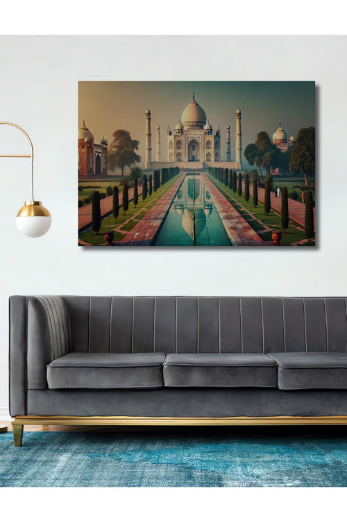 Taj Mahal Yağlı Boya Görünümlü Dekoratif Ahşap Mdf Dikdörtgen Ev,İşyeri Duvar Tablo