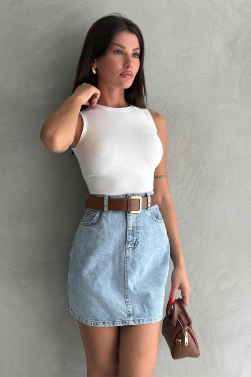 Mavi Yüksek Bel Mini Kemerli Denim Etek