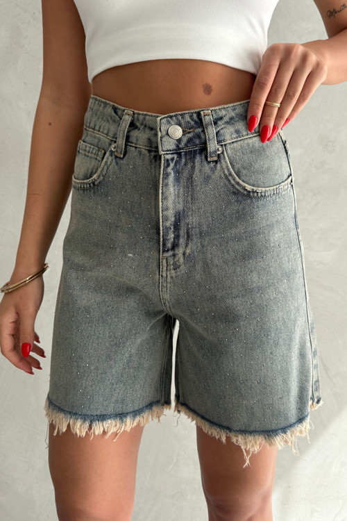 Koyu Mavi Soluk Efektli Paça Püskül Detaylı City Boy Denim Şort