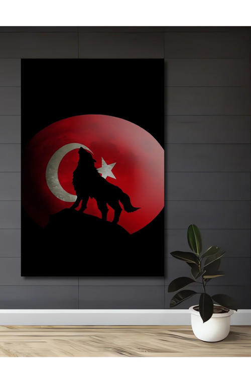 Kurt Ve Ay Yıldız Siyah Beyaz Ahşap Mdf Dekoratif Dikdörtgen Ev,İşyeri Duvar Tablo