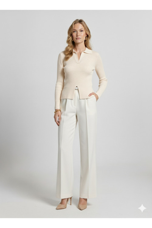 Uzun Kollu Polo Yakali Alttan Kesik Detayli Fitilli Triko