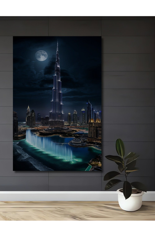 Burj Khalifa Gece Manzarası Ahşap Mdf Dekoratif Dikdörtgen Ev,İşyeri Duvar Tablo