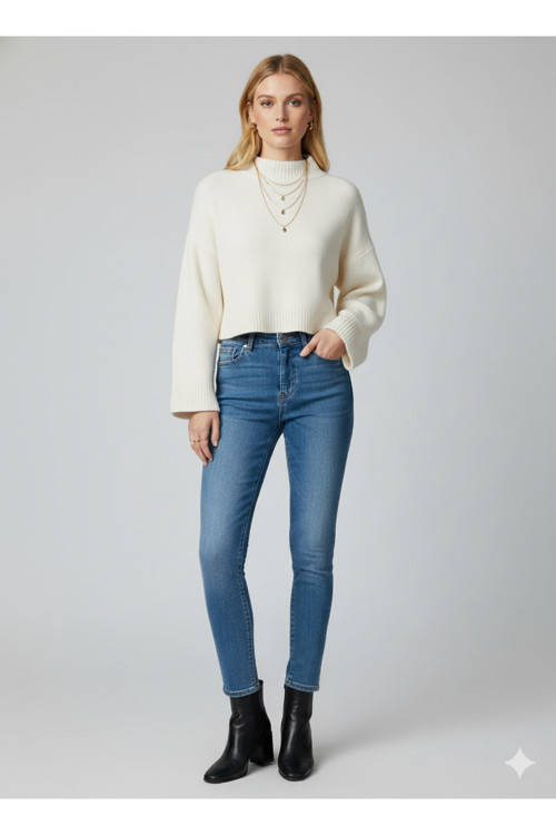 Bol Uzun Kollu Dik Bisiklet Yaka Crop Ekru Triko Kazak